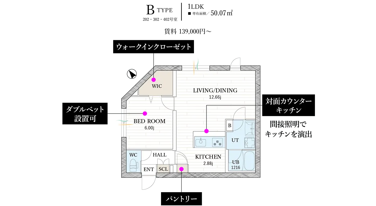 Bタイプ 1LDK 専有面積50.07㎡ 賃料139,000円〜